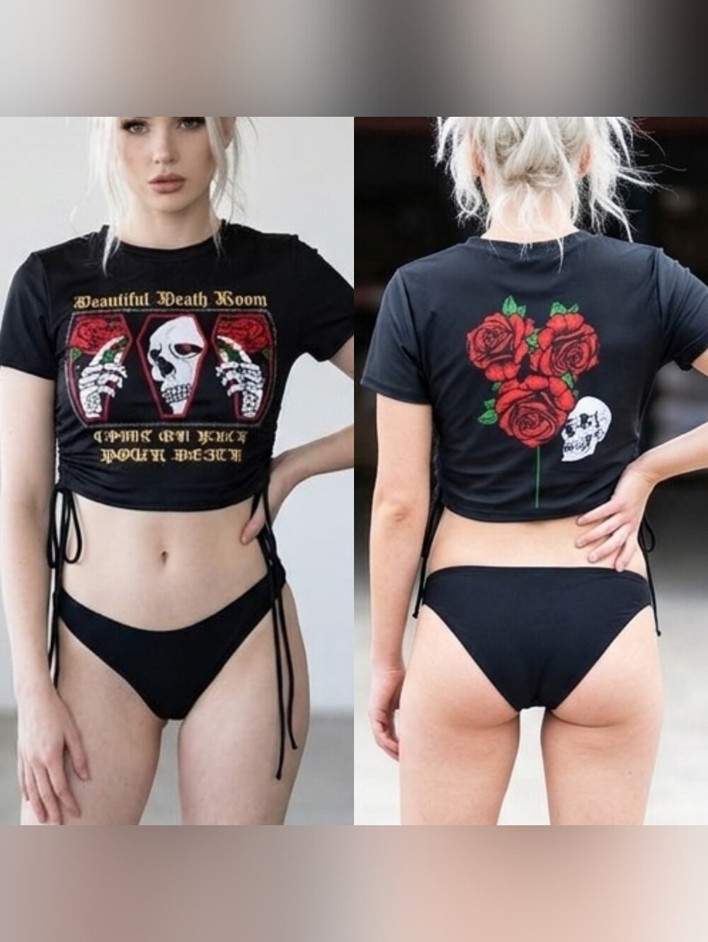 Romwe blk red skull coffin rose barbwire graphic ruched drawstring swim top S/M/